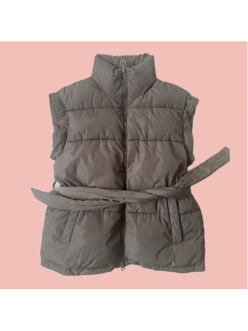 NOIZE Charlie Belted Puffer Vest Taupe Brown Vegan Puffer M